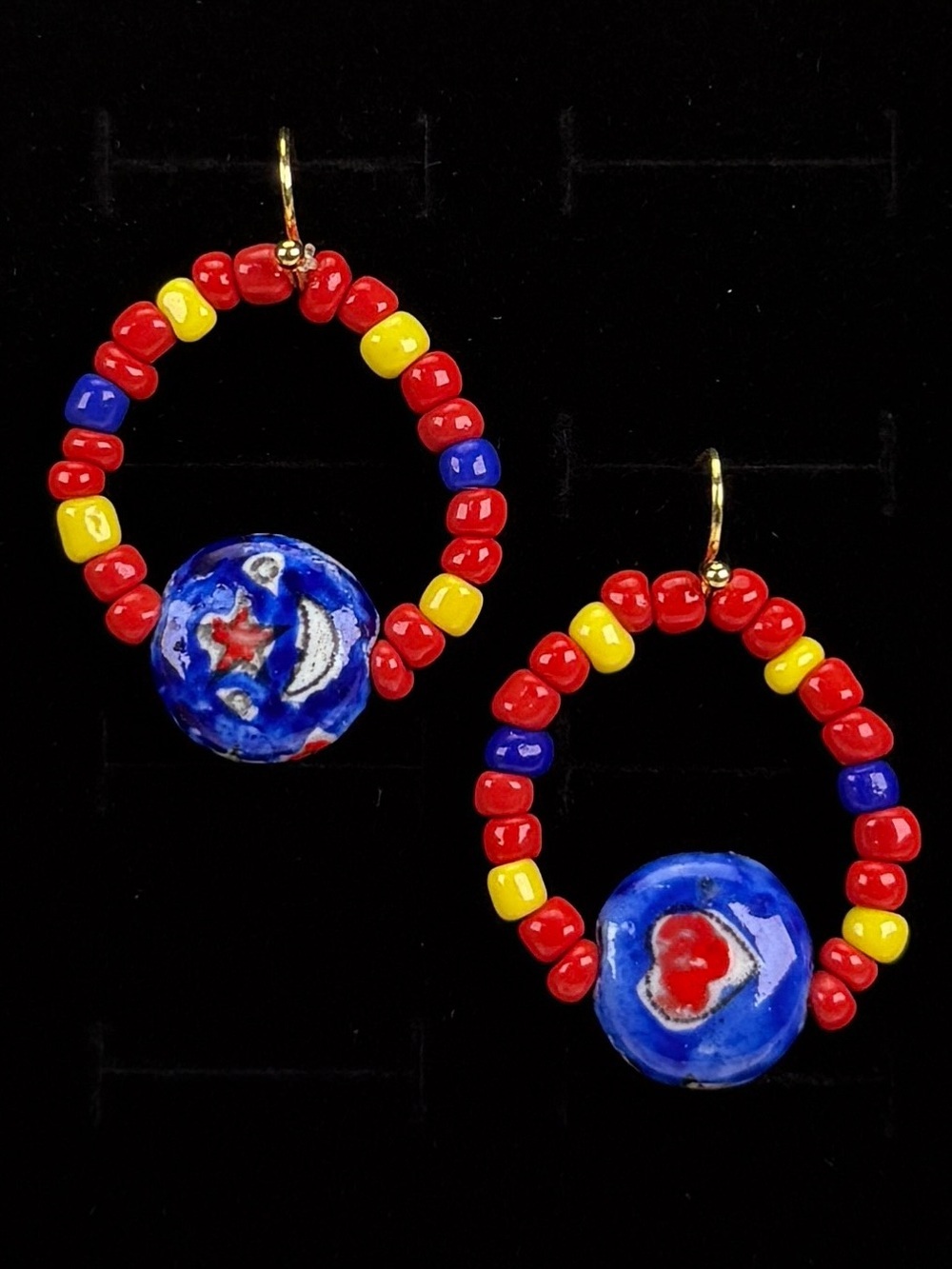 Colorful beaded goldtone, red yellow blue pierced earrings